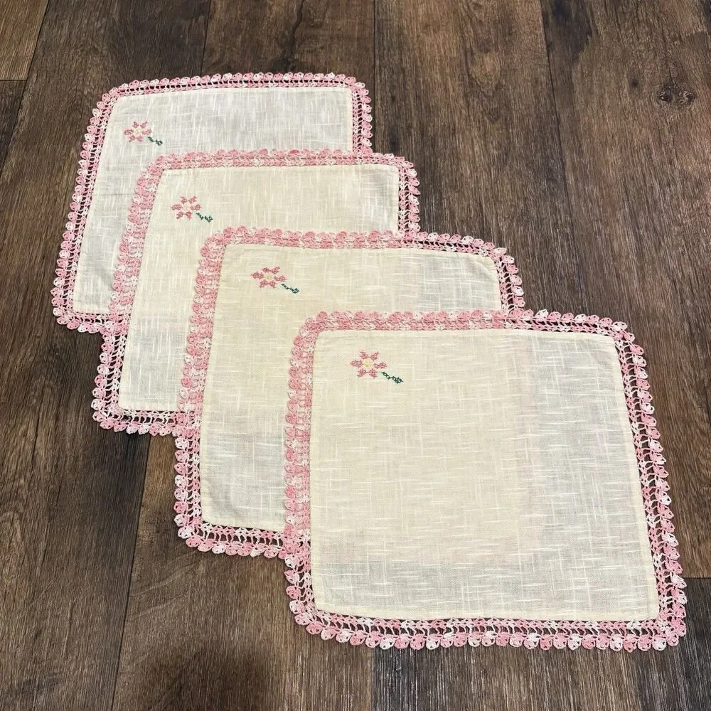 Set of 4 Vintage Handmade Linen Napkins Pink Crochet Trim Embroidered Floral